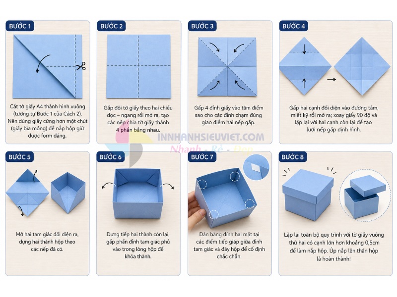 Gấp hộp giấy đựng rác hình vuông từ giấy a4 cắt vuông